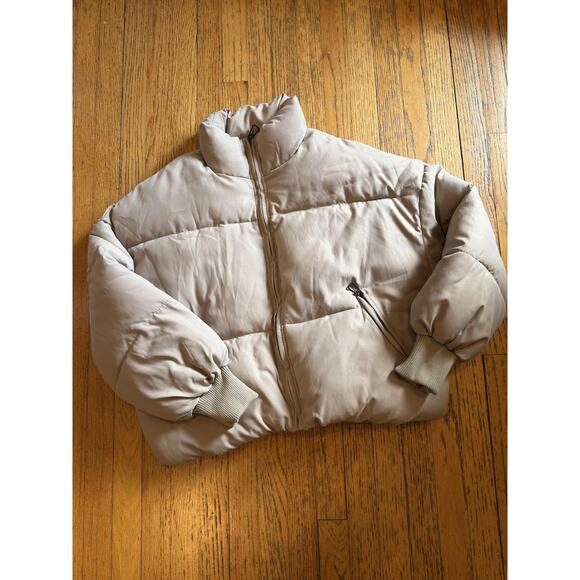SHEIN Jackets & Blazers - Shein Jacket Womens Large Beige Puffer Coat Zip Front Quilted Cropped Hem Warm